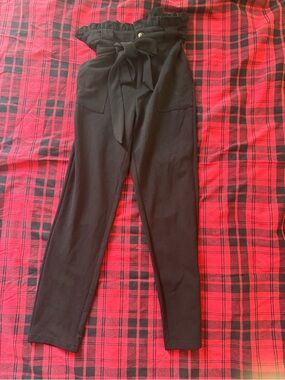 Women’s large Black High-Waist Paperbag Trousers with Self-Tie Belt